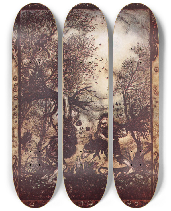 Triptych art skateboard deck of Arthur Rackham They Worked Themselves Up Into Such A Rage That They Tore Up Trees By The Roots by Arthur Rackham (1867-1939)