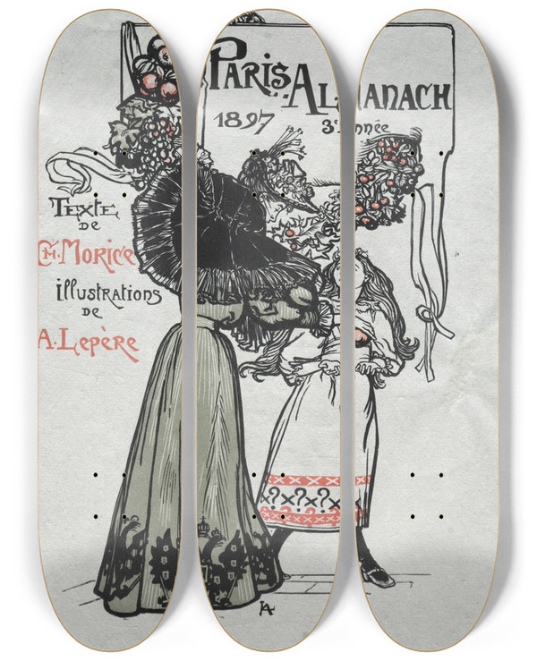 Triptych art skateboard deck of Auguste Louis Lepre Paris Almanac 1897 Cover by Auguste Louis Lepere (1849-1918)