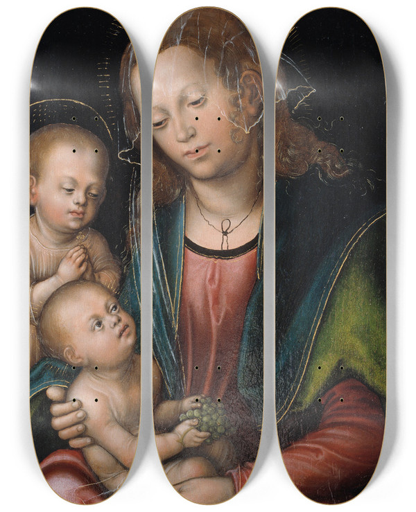 Triptych art skateboard deck of Lucas Cranach The Elder Virgin And Child Adored By The Infant St John by Lucas Cranach The Elder (1472-1553)