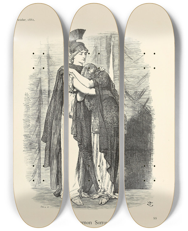 Triptych art skateboard deck of Sir John Tenniel A Common Sorrow by Sir John Tenniel (1820-1914)
