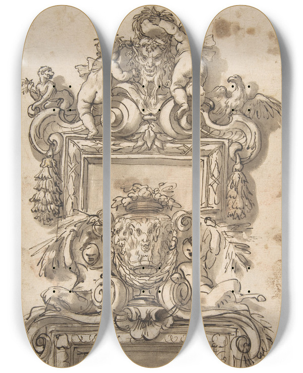 Triptych art skateboard deck of Gregorio De Ferrari Design For An Overdoor Decoratio by Gregorio de' Ferrari (1647-1726)