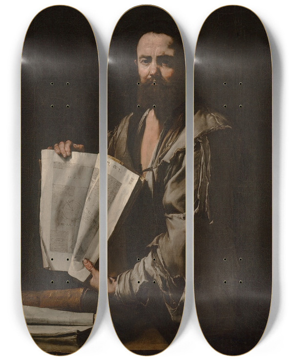 Triptych art skateboard deck of Jusepe De Ribera Euclid by Jusepe de Ribera (1591-1652)