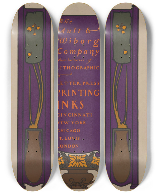 Triptych art skateboard deck of Will Bradley Ault And Wiborg Ad 132 by Will Bradley (1868-1962)