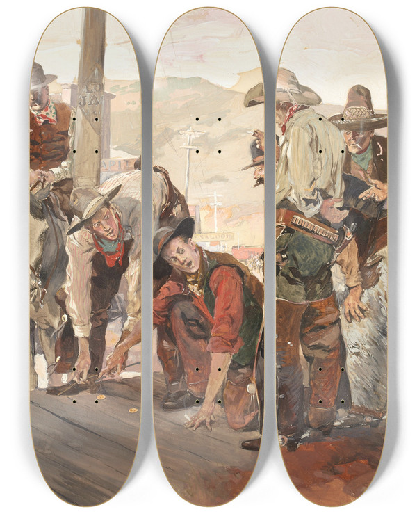 Triptych art skateboard deck of George Hand Wright Seats Of The Haughty by George Hand Wright (1872-1951)