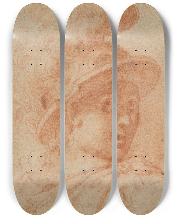 Triptych art skateboard deck of Camillo Procaccini Bust Of A Warrior Wearing A Plumed Helmet Looking Toward Spectator Over His Right Shoulder by Camillo Procaccini (1546-1629)