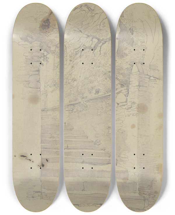 Triptych art skateboard deck of Jakob Becker Village View by Jakob Becker (1810-1872)
