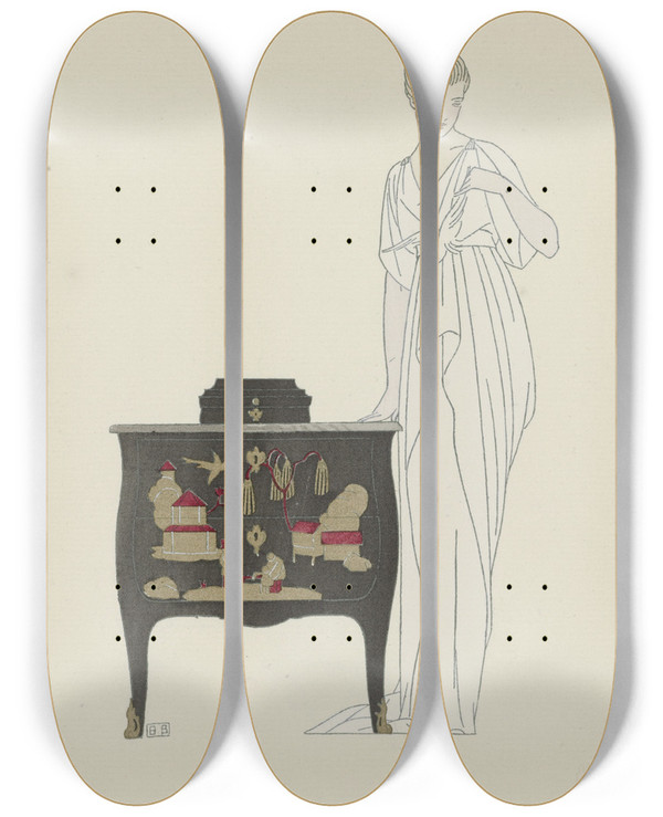 Triptych art skateboard deck of Bernard Boutet De Monvel La Commode En Laque Robe Du Soir De Worth by Bernard Boutet De Monvel (1881-1949)