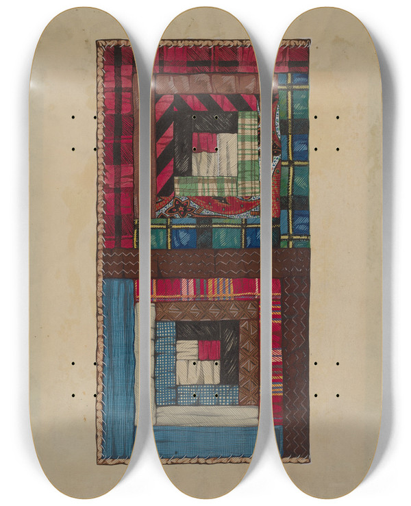 Triptych art skateboard deck of Grace Halpin Quilt by Grace Halpin