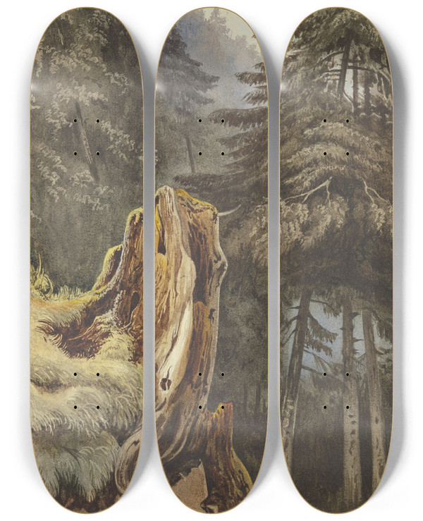 Triptych art skateboard deck of Ludwig Daniel Philipp Schmidt Baumstumpf Am Mit Tannen Bewachsenem Abhang by Ludwig Daniel Philipp Schmidt
