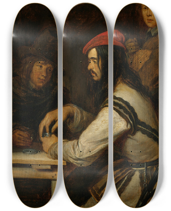 Triptych art skateboard deck of Gerard Ter Borch The Younger Three Men In A Tavern One Taking Snuff by Gerard Ter Borch The Younger