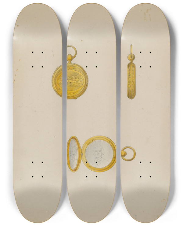 Triptych art skateboard deck of William P Shearwood Watch Chain Locket by William P Shearwood