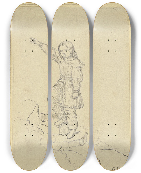 Triptych art skateboard deck of Marie Ellenrieder Knabe Auf Einen Berg Steigend by Marie Ellenrieder (1791-1863)