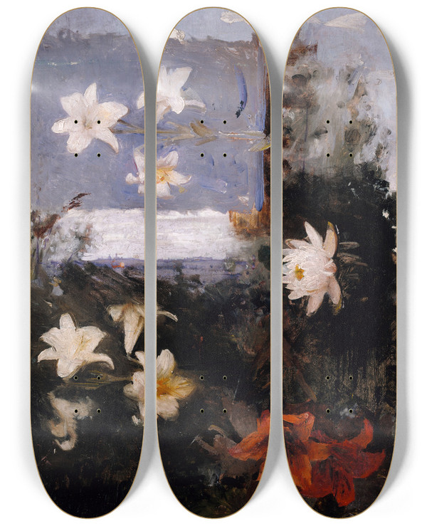 Triptych art skateboard deck of Abbott Handerson Thayer Flower Studies by Abbott Handerson Thayer (1849-1921)