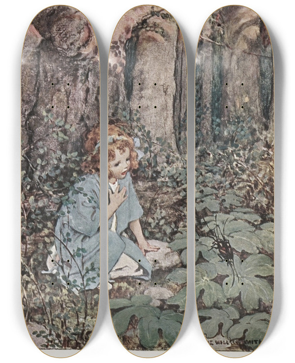 Triptych art skateboard deck of Jessie Willcox Smith Bugs And Wings And Other Things Frontispiece by Jessie Willcox Smith (1863-1935)