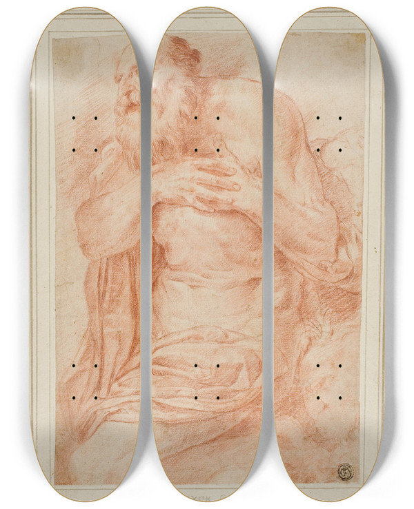 Triptych art skateboard deck of After Agostino Carracci Saint Jerome_2 by After Agostino Carracci (1557-1602)