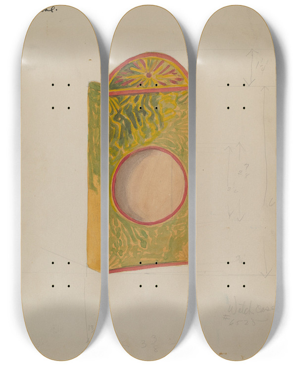 Triptych art skateboard deck of Thomas Watts Watch Case by Thomas Watts