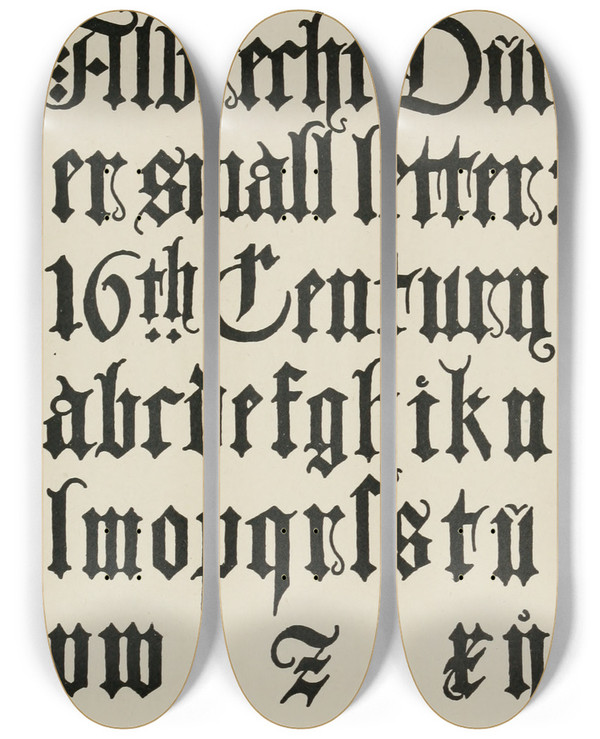 Triptych art skateboard deck of Frank Chouteau Brown German Blackletters 2 by Frank Chouteau Brown (1876-1947)