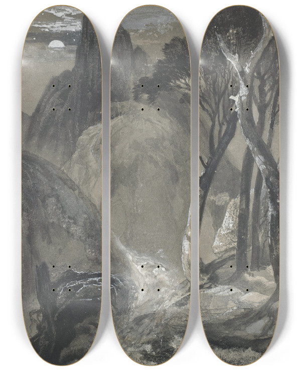 Triptych art skateboard deck of Thomas Moran Half Dome Yosemite by Thomas Moran (1837-1926)
