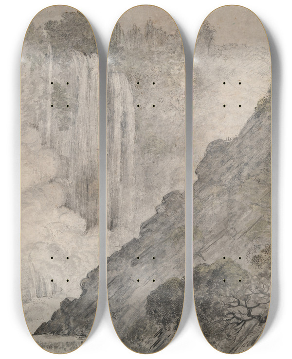 Triptych art skateboard deck of Caesar Van Everdingen Mountainous Landscape Withwaterfalls by Caesar Van Everdingen (1617-1678)