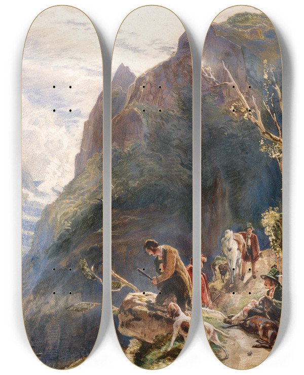 Triptych art skateboard deck of John Frederick Lewis Tyrolese Hunters by John Frederick Lewis (1805-1876)