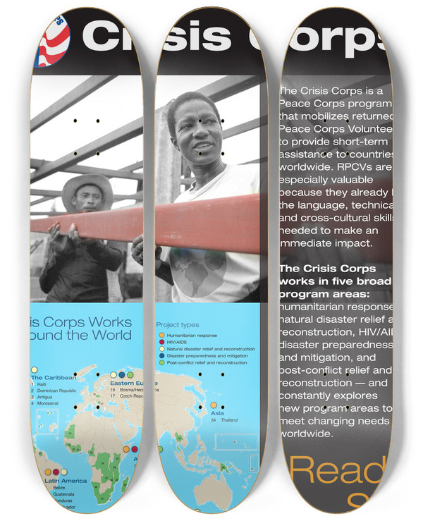 Triptych art skateboard deck of Peace Corps Crisis Corps by Peace Corps (20-)