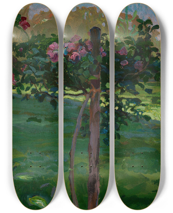 Triptych art skateboard deck of Henryk Szczygliski Rose Shrub by Henryk Szczyglinski (1881-1944)