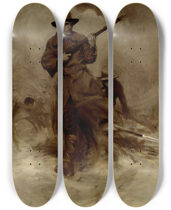 Triptych art skateboard deck of Gilbert Gaul Spanishamerican War Soldiers In Action by Gilbert Gaul (1855-1919)