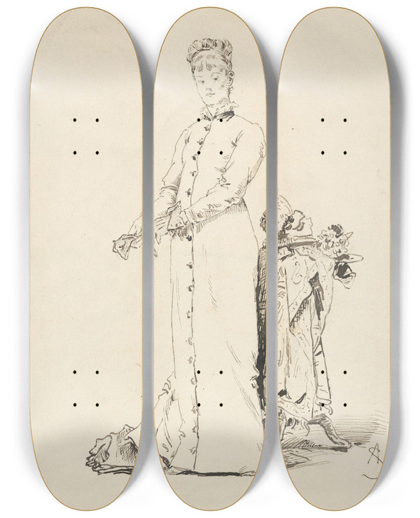 Triptych art skateboard deck of Alfred Stevens A Standing Young Lady Taking Off Her Gloves by Alfred Stevens (1817-1875)