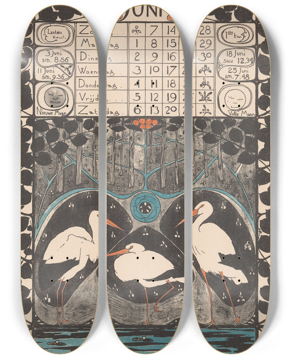 Triptych art skateboard deck of Theo Nieuwenhuis Kalenderblad Voor Juni 1896 by Theo Nieuwenhuis (1866-1951)