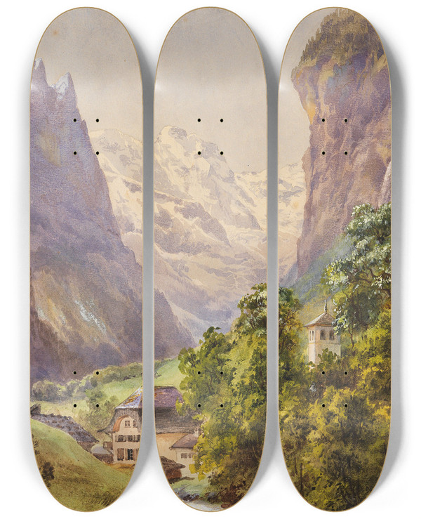 Triptych art skateboard deck of Edward Theodore Compton Lauterbrunnen Schweiz by Edward Theodore Compton (1849-1921)