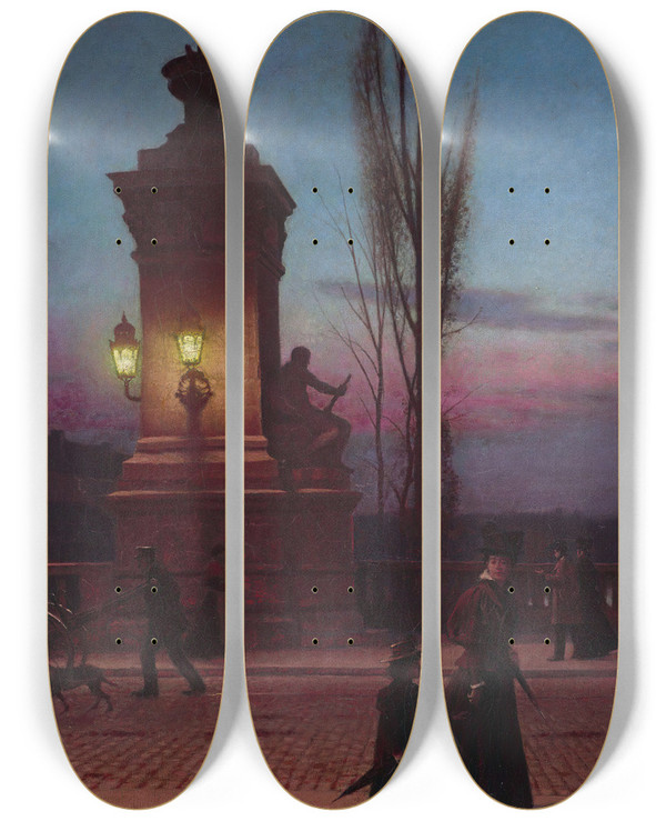 Triptych art skateboard deck of Aleksander Gierymski Ludwig Bridge In Munich by Aleksander Gierymski (1850-1901)