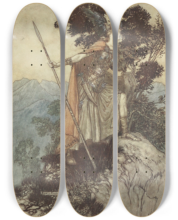 Triptych art skateboard deck of Arthur Rackham Brunnhilde by Arthur Rackham (1867-1939)