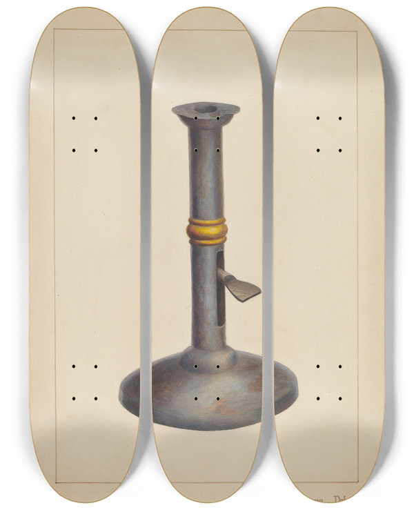 Triptych art skateboard deck of Samuel Fineman Candlestick by Samuel Fineman