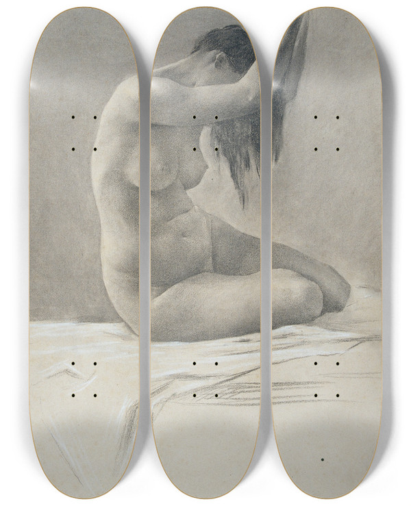 Triptych art skateboard deck of Josep Llimona Female Nude by Josep Llimona (1864-1934)