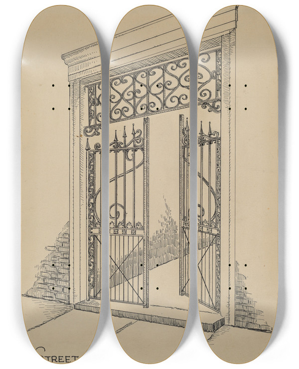 Triptych art skateboard deck of Al Curry Wrought And Cast Iron Gate by Al Curry (20-)