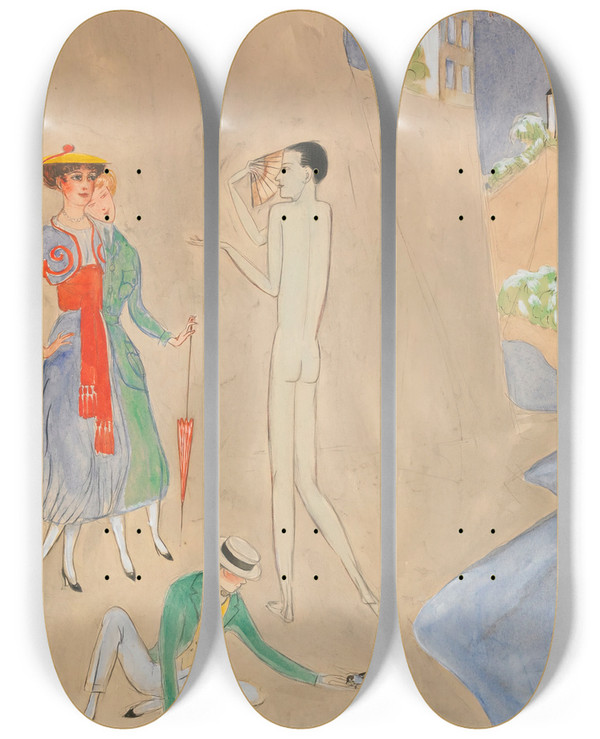 Triptych art skateboard deck of Nils Dardel Konversation by Nils Dardel (1888-1943)