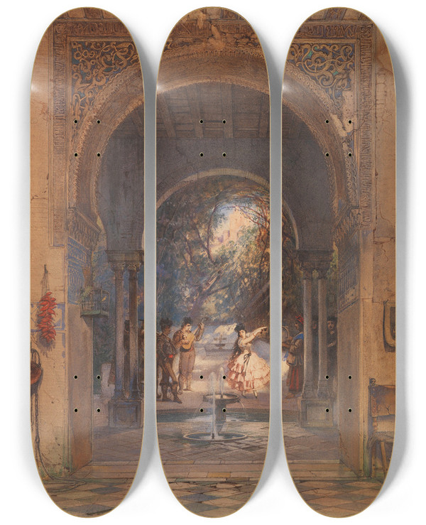 Triptych art skateboard deck of Carl Friedrich Heinrich Werner Kastagnettentnzerin In Der Alhambra In Granada by Carl Friedrich Heinrich Werner (1808-1894)