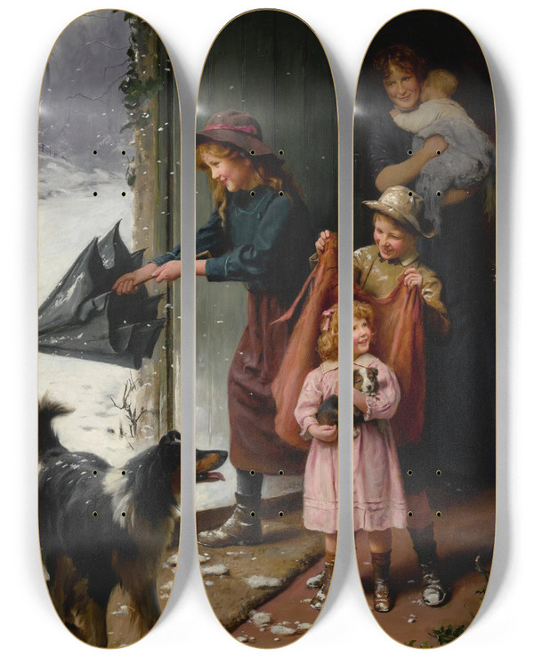 Triptych art skateboard deck of Arthur John Elsley Home At Last by Arthur John Elsley (1860-1952)