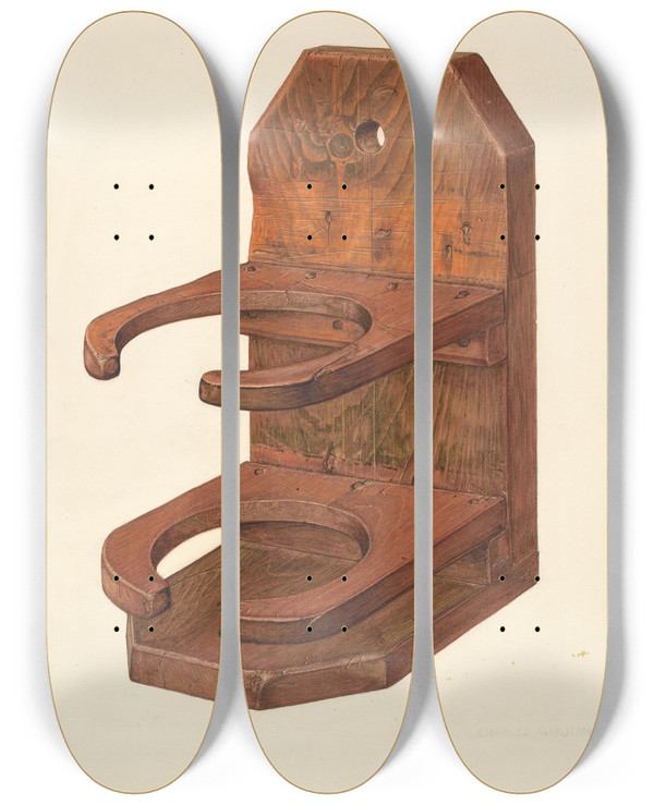 Triptych art skateboard deck of Charles Garjian Asparagus Buncher by Charles Garjian
