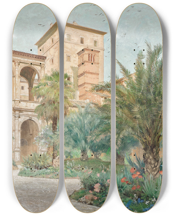 Triptych art skateboard deck of Othmar Brioschi Vedute Der Botschaft In Rom Garten Mit Blick Auf Bogengnge by Othmar Brioschi (1854-1912)