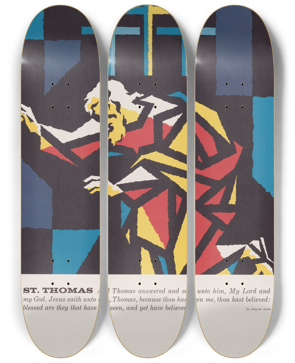 Triptych art skateboard deck of Joseph Binder St Thomas by Joseph Binder (1898-1972)