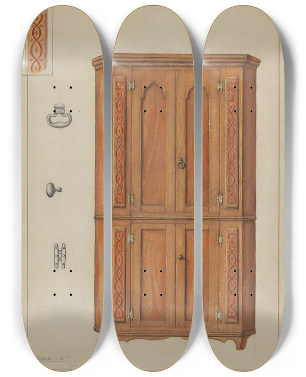 Triptych art skateboard deck of Edgar L Pearce Pa German Cupboard by Edgar L Pearce