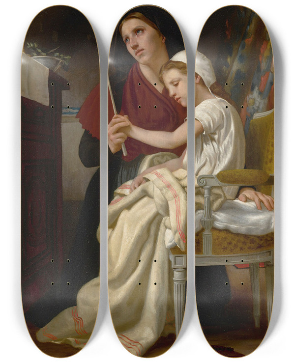 Triptych art skateboard deck of William Bouguereau Le Voeu by William Bouguereau (1825-1905)