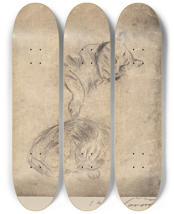 Triptych art skateboard deck of Lovis Corinth Cats Katzenstudie by Lovis Corinth (1858-1925)