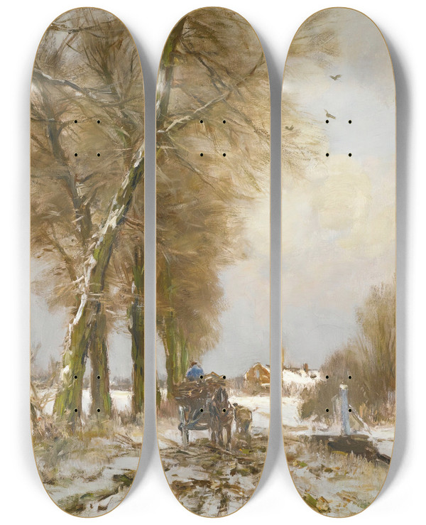 Triptych art skateboard deck of Louis Apol Figures On A Snowy Path by Louis Apol (1850-1936)
