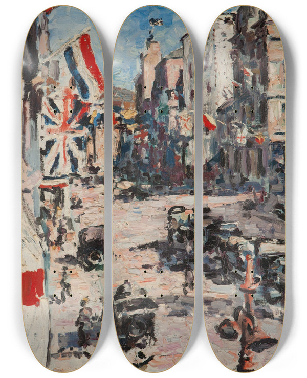 Triptych art skateboard deck of Harry Caldecott Royal Visit 1925 by Harry Caldecott (1886-1929)