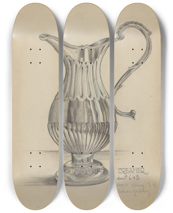 Triptych art skateboard deck of S Brodsky Silver Pitcher by S Brodsky