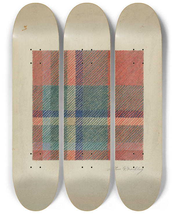 Triptych art skateboard deck of Arthur G Merkley Plaid Woolen Blanket by Arthur G Merkley