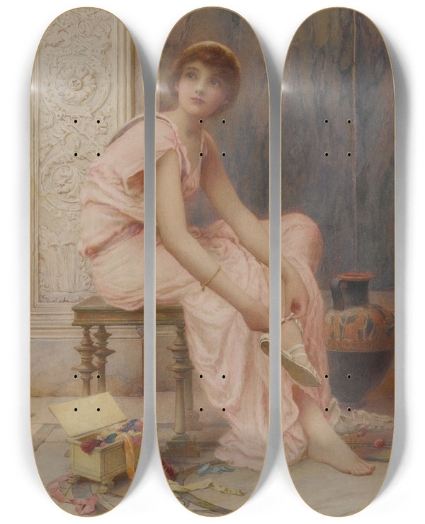 Triptych art skateboard deck of Henry Ryland A Pleasant Surprise by Henry Ryland (1856-1924)