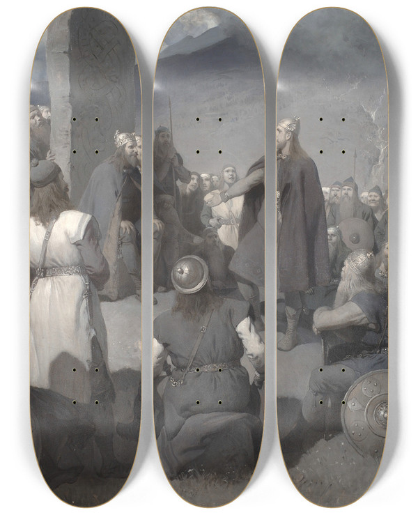 Triptych art skateboard deck of August Malmstrm Frithiofs Courtship by August Malmstrom (1829-1901)